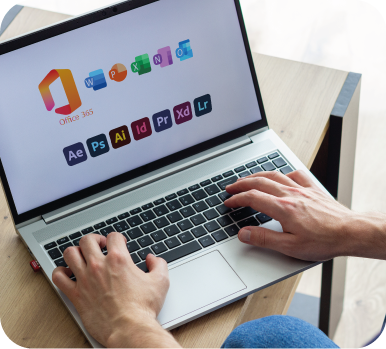 Notebook com imagem do Pacote Office. 