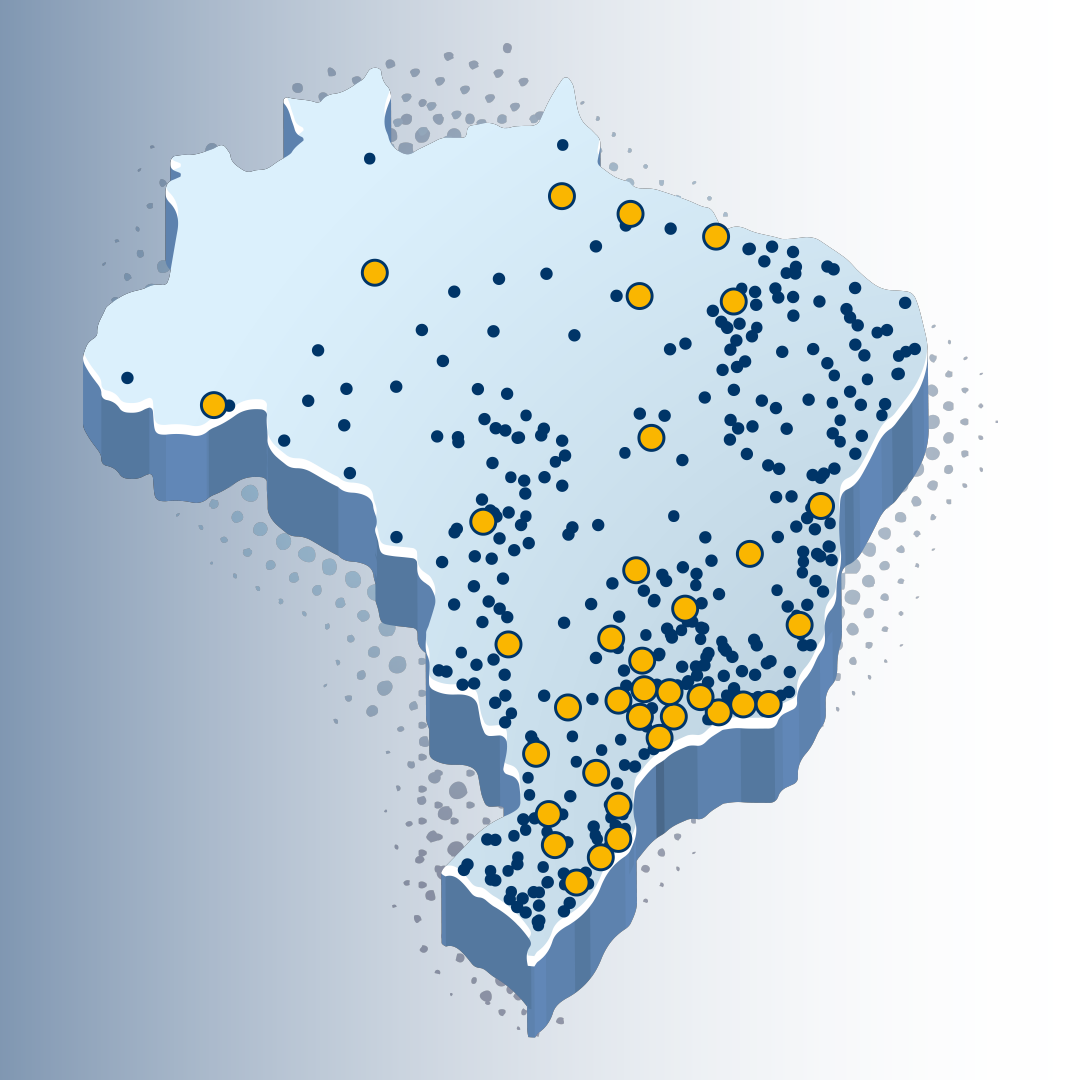 Mapa ilustrativo com pontos marcados, representando polos de distribuição ou unidades.